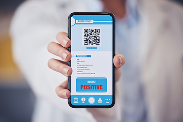 Image showing Hand, healthcare and qr code on a phone screen for positive diagnosis of the monkeypox virus. Medical, app and test results on a mobile display in a clinic or pharmacy for feedback on a disease
