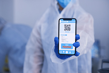 Image showing Phone screen, scientist hands and QR code, test results for drugs, virus and bacteria on medical mobile app in laboratory. Healthcare, science and online report, monkeypox info and positive feedback