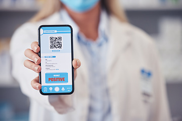 Image showing Hand, medical and qr code on a phone screen for positive diagnosis of the monkeypox virus. Healthcare, app and test results on a mobile display in a clinic or pharmacy for feedback on a disease