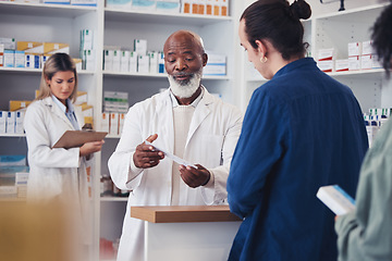 Image showing Pharmacy, customer or mature pharmacist explain prescription paper, medicine information or healthcare receipt. Store clinic, hospital conversation or black man consulting patient over medical choice