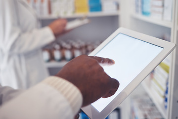 Image showing Typing, pharmacy and hands with a tablet for a search, check of stock or medicine update online. Closeup, connection and medical employee on technology for healthcare inventory or website at a clinic