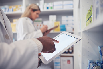 Image showing Tablet screen, person and pharmacist hands typing, scroll or search clinic database for product, pills or medicine. Pharmacy inventory, online research and closeup doctor doing supplements stock take