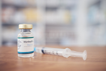 Image showing Background of monkeypox vaccine, bottle and injection for protection, safety and healthcare risk in clinic. Closeup, medicine vial and needle for immunity, medical antivirus and pharmaceutical drugs