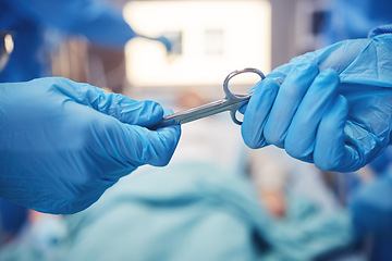 Image showing Hands, scissors for operation and teamwork in the hospital during surgery or emergency medical procedure. Collaboration, healthcare equipment and doctors in theatre together to save a patient closeup