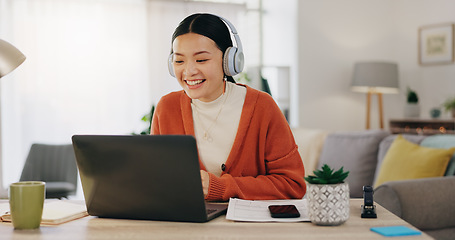 Image showing Woman on video call with work from home laptop, headphones and virtual international online meeting. Hello, wave and asian person in China in webinar for remote working or global update in computer