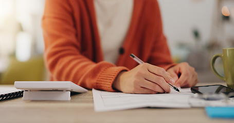 Image showing Remote work, Accountant and businesswoman working from home calculating financial budget. Freelance, worker and professional employee review report and planning company investment and writing