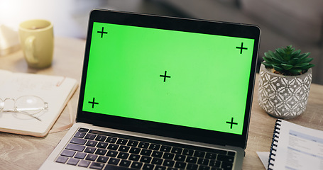Image showing Laptop, green screen and chromakey with woman in work from home application, website or online software mockup. Computer mock up of person planning, internet or Web 3.0 space for product placement