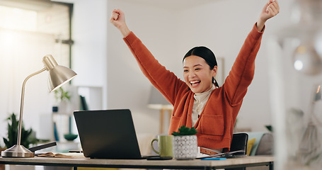 Image showing Asian woman, laptop and celebration fist for company success, creativity goals and happiness in office. Digital marketing achievement, happy or excited employee celebrate for corporate target winner.