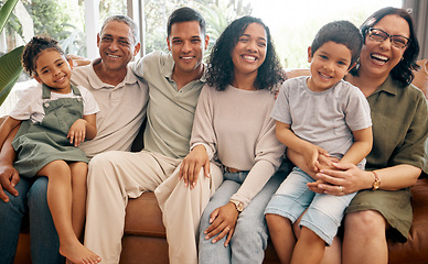 Image showing Happy big family, portrait and bonding on holiday, weekend or break in relax on living room sofa at home. Parents, grandparents and children smile in happiness, love or care together at the house