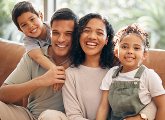 Image showing Happy family, portrait and bonding on holiday, weekend or summer break in relax on living room sofa at home. Mother, father and children smile in happiness, love or care for day off at the house