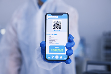 Image showing Hand, phone screen or qr code for monkeypox test results in science laboratory or healthcare hospital. Closeup, person or scientist and digital technology, virus or negative medical research feedback