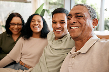 Image showing Happy family, portrait and selfie in photography, weekend bonding or break in relax on living room sofa at home. Parents and grandparents smile in happiness, love or care on day off together at house