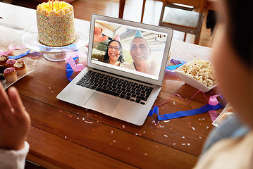 Image showing Birthday cake, video call and laptop on table with people online to celebrate on virtual chat. Couple talking to family with internet connection, communication and technology at home for celebration