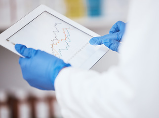 Image showing Hands, research and doctor with a tablet, charts and medical with feedback, results and data analysis. Person, closeup and healthcare professional with technology, blue gloves and graphs for a test