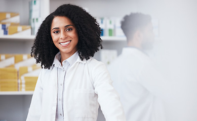 Image showing Pharmacy, dispensary and portrait of woman for medical service, medicine and wellness. Healthcare, pharmaceutical and happy pharmacist in drug store for medication, consulting and health career