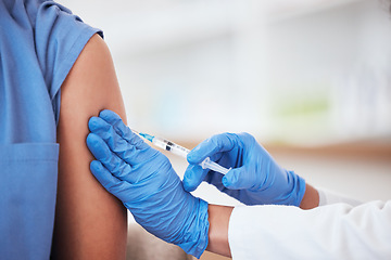 Image showing Healthcare, vaccine and needle on arm of person in hospital for covid, flu or immunization closeup, Doctor, hands and zoom on patient at a clinic for medical, consultation and vaccination injection