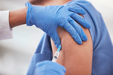 Image showing Covid vaccine, needle and arm of patient with doctor at hospital for immunization treatment closeup. Nurse, hands and vaccination, shot or injection for person at clinic for compliance or prevention