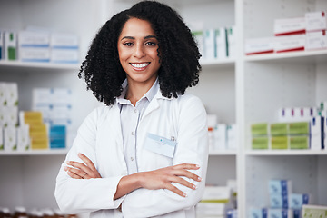Image showing Pharmacy, crossed arms and portrait of woman for wellness, medicine and medical service. Healthcare, pharmaceutical and pharmacist in drug store for medication, consulting and professional career
