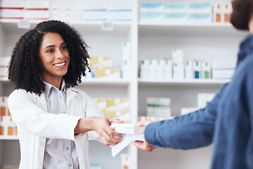Image showing Pharmacist, woman and smile with customer service in store with healthcare and medical help. Pharmacy, happy and supplements information with a professional with client package in pharmaceutical shop