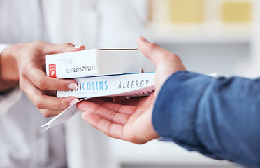 Image showing Healthcare, pharmacy and medicine in hand of customer with pills, box or allergy medication. Closeup of pharmacist or medical staff with client person for pharmaceutical product at retail drugstore