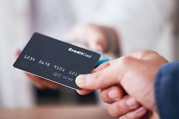 Image showing Credit card, hand and payment in a store with cashier, machine and customer in a pharmacy. Shop, commerce and electronic sale with pay at POS with finance transaction and purchase at checkout point