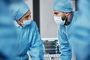 Image showing Doctors, hospital team and surgery for emergency, safety and expert service. Man, woman and healthcare collaboration of surgeon, nurse and support in operation theater with ppe, mask and medical icu