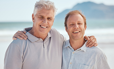 Image showing Beach, father or man hug in portrait together on a summer holiday vacation with smile or love. Family, son or happy man bonding with face of proud dad or senior parent at sea in Australia to relax