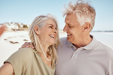 Image showing Selfie, love and senior couple at the beach on romantic anniversary vacation, holiday or adventure. Travel, smile and happy elderly man and woman taking picture together by the ocean on weekend trip.