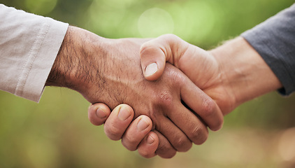 Image showing Support, hello and handshake with people in nature for motivation, thank you and meeting. Teamwork, trust and collaboration with closeup of friends shaking hands in park for partnership and welcome