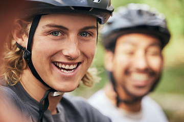 Image showing Smile, portrait and a man with a cycling selfie in nature for fitness, travel or adventure memory. Happy, friends and a cyclist taking a photo in a forest for marathon, triathlon or sports training