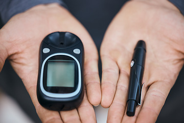 Image showing Glucose, glucometer and hands with needle for diabetes and blood sugar test, check and monitor. Healthcare, wellness and closeup of person with medical device for treatment, medicine and inspection