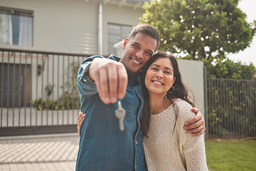 Image showing Happy couple, portrait and real estate with keys in property, investment or new home together. Man and woman or homeowners smile for moving in, buying or building loan in asset finance or investing