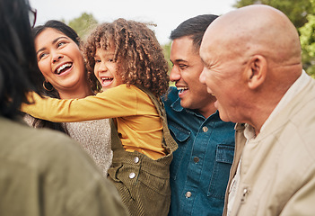 Image showing Happy family, grandparents and parents playing with kid in a park together and for vacation or outdoor holiday. Smile, happiness and mother bonding with child and father in nature for summer travel