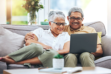 Image showing Laptop, happy and senior couple on sofa for watching movies, entertainment and streaming in living room. Retirement, love and man and woman relax on computer for internet, website and online at home