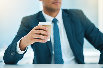 Image showing Hand, coffee and a business man in his office for morning caffeine in a cup to start his work day. Corporate, drink and takeaway beverage with a professional employee at a desk in the workplace