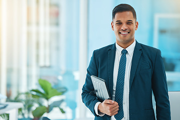 Image showing Business man, tablet and portrait in office with web management and work pride. Employee, confidence and male professional from New York with a smile from company growth and happy from online job