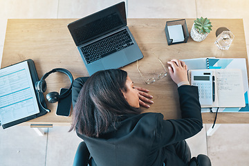 Image showing Desk, sleeping and woman above in a finance office with rest and nap from work burnout. Accountant, deadline and tired female professional with administration project for tax paperwork at a company