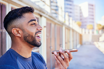 Image showing Phone call, voice and happy man on audio recognition for communication and message in outside parking. Virtual, smile and person on smartphone discussion, talking and laughing on speaker outdoor