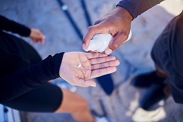 Image showing Sunscreen, above and hands of man and woman with moisturizer bottle or cream for skincare or body to workout. Healthy skin, people and cosmetic product in plastic container to apply for exercise