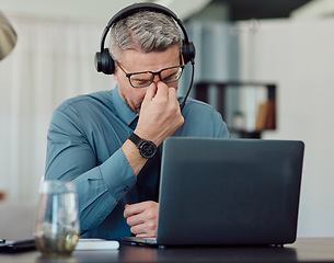 Image showing Senior businessman, call center and headache in burnout, mistake or stress in customer service at office. Frustrated mature man, consultant or agent in depression, overworked or migraine at workplace