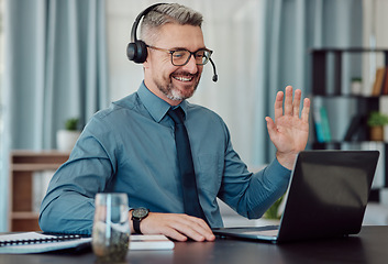 Image showing Senior, happy man and call center in virtual meeting, customer service or telemarketing at the office. Mature businessman, consultant or agent smile in online advice, help or contact us at workplace