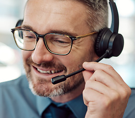 Image showing Happy man, face and call center with headphones in customer service, support or telemarketing at office. Closeup of mature businessman or consultant agent smile in online advice, help or contact us