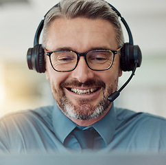 Image showing Senior, happy man and face in call center with headphones in customer service, support or telemarketing at office. Mature businessman, consultant or agent smile in online advice, help or contact us