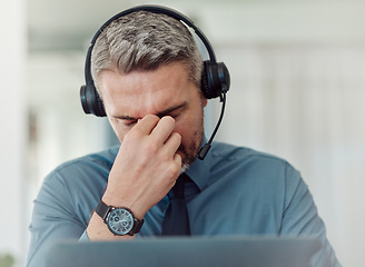 Image showing Senior businessman, call center and headache in stress, burnout or mistake in customer service at office. Frustrated mature man, consultant or agent in depression, overworked or migraine at workplace