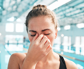 Image showing Stress, headache or face of woman swimmer in fitness, exercise or workout with anxiety or fatigue. Tired, hand or sick athlete with migraine, sports injury or head pain frustrated by training problem