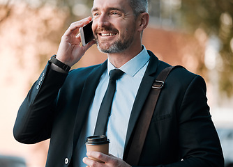 Image showing City, cellphone and mature businessman with coffee, travel and confidence in business networking. Ceo, manager or happy man standing on sidewalk with phone call waiting for taxi at work with smile.