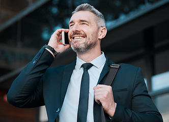 Image showing City, phone call and mature man with smile, travel and confidence in business networking. Ceo, manager or happy businessman standing on sidewalk with smartphone waiting for taxi at work with pride.