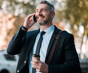 Image showing City, phone call and mature businessman with coffee, travel and confidence in business networking. Ceo, manager or happy man standing on sidewalk with smartphone waiting for taxi at work with smile.