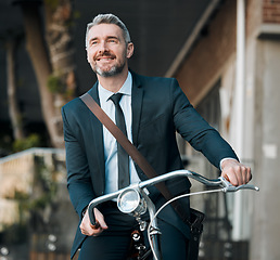 Image showing Mature man, business and bicycle outdoor for professional career, travel and transportation. Happy entrepreneur person with a bike for cycling, carbon footprint and sustainability on urban journey