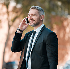 Image showing Street, phone call and mature businessman with smile, travel and confidence in business networking. Ceo, manager or happy man standing on in city with smartphone waiting for taxi on sidewalk at work.